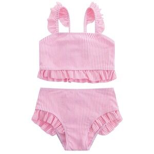 Girls 2T 3T Pink White Seersucker Stripe Ruffle 2 Piece Bikini Swimsuit Set NWT